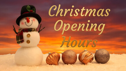 Christmas Opening Hours message with snowman, ornaments