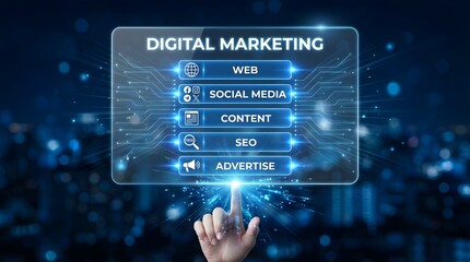 Futuristic Digital Marketing Interface Highlighting SEO, Content, and Social Media
