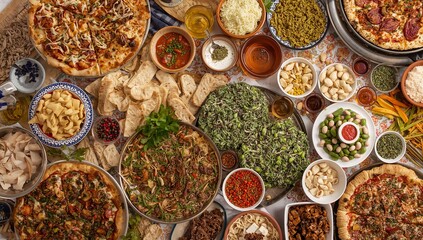 Global Fusion Culinary Spread with Pizza, Grains, Salads, and Mediterranean Inspired Small Plates