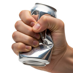 Person Crushing an Empty Aluminum Can Isolated on White Background