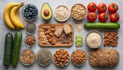 Symmetrical Arrangement of Healthy Food Staples Including Avocado, Blueberries, Tomatoes, and Whole Grain Bread