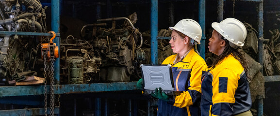 Banner Two female engineers in safety gear inspecting car parts inventory. workers technical walking old dirty car industry checking used auto parts by tablet industrial automotive warehouse Recycling