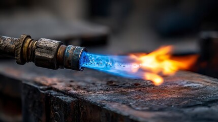 Intense blue and orange flames erupt from a metal torch against a rustic, worn surface. Macro close-up shows the dynamic heat