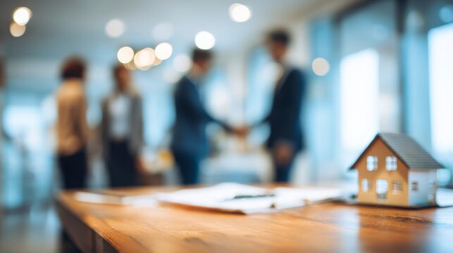 Interior image featuring a real estate agreement, blurred figures shaking hands, and a miniature house on a wooden table. Blurred background, business setting