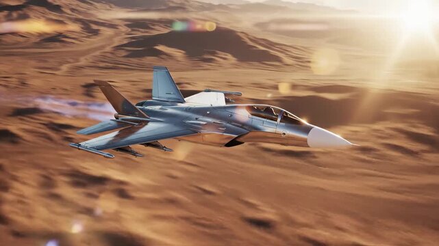 Modern fighter jet flying low over desert dunes at sunset, 4k high quality video