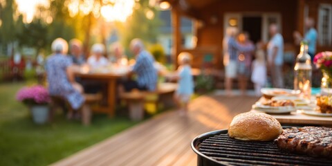 A backyard gathering with a grill in the foreground, people eating & socializing, warm evening light