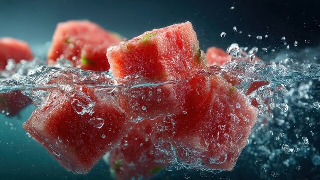 Fresh watermelon chunks splashing in water against a dark blue background - Powered by Adobe
