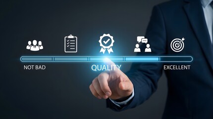 Businessman Evaluating Quality Metrics on Digital Interface for Performance Review