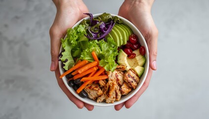 Person Holding a Healthy Chicken Salad Bowl with Avocado, Carrots, Lettuce, and Fresh Berries