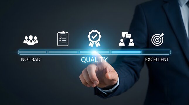 Businessman Evaluating Quality Metrics on Digital Interface for Performance Review - Powered by Adobe