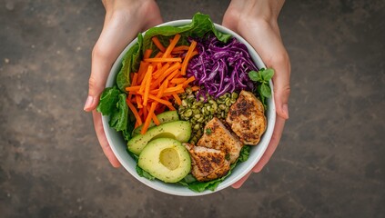 Hands Holding a Nutritious Grain Bowl with Grilled Chicken, Avocado, Red Cabbage, and Carrots