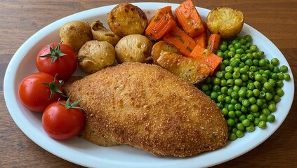 Home Cooked Meal with Breaded Chicken Breast, Roasted Potatoes, Peas, and Fresh Cherry Tomatoes