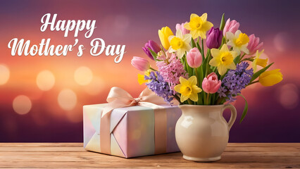 Happy Mothers Day card. Spring flowers in woven basket.