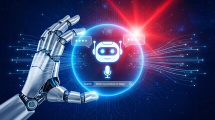 AI Voice Interface with Robot Icon and Speech Bubbles in Futuristic Digital Network