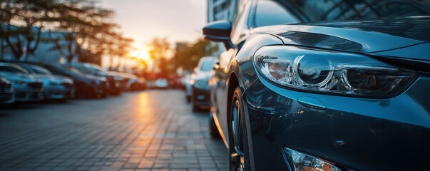 Car parked at outdoor parking lot. Used car for sale and rental service. Car insurance background