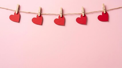 Five red hearts hanging on a string with clothespins against a pink background