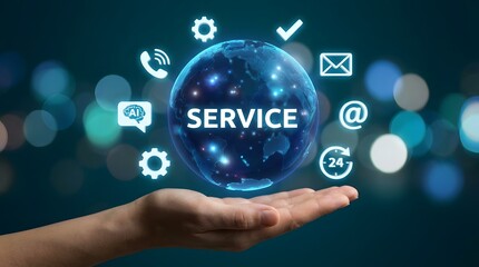 Global Service Interface with Glowing Icons for 24/7 Digital Customer Support Access