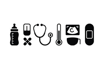 Collection of medical icons representing healthcare and infant care.