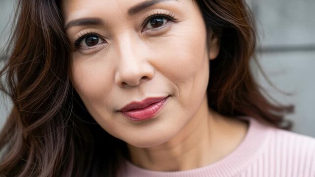 カメラを真っ直ぐ見つめる40代日本人女性の顔のクローズアップ