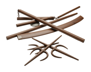 Traditional tools display cultural exhibit wooden artifacts isolated on transparent background