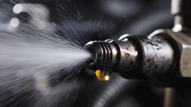 Close-up of a fuel injector spraying fuel, showcasing the precision and power of modern engine technology.