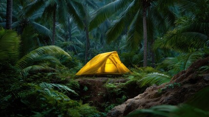 Illuminated tent amidst lush forest canopy adventure and camping