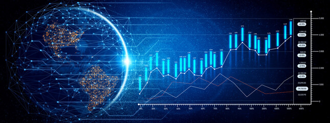 High-tech global data visualization featuring a digital map and a vibrant line graph. Ideal for illustrating economic growth, technology, and analytics concepts in presentations. Scalp
