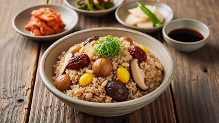 Fototapeta premium A close-up of a bowl of Korean Yeongyangbap, a nutritious mixed grain rice dish, topped with chestnuts, jujube dates, ginkgo nuts, pine nuts, and shiitake mushrooms. Served with various side dishes.
