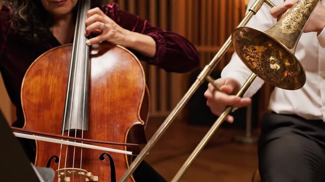 Musicians playing cello and trombone in concert hall