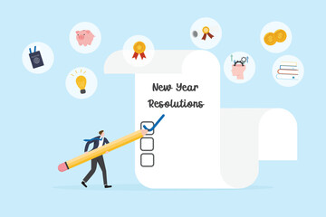 Businessman mark checklist target concepts 2026 New year resolutions, life goal, future planning, to do list, task, growth mindset, find motivation, success vision illustration vector.