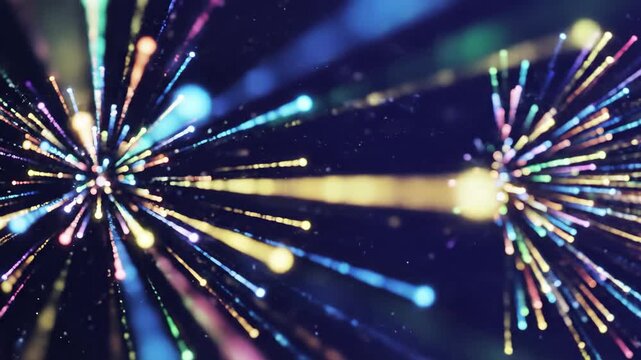 Abstract colorful light streaks exploding from center with bokeh effect on dark background, 4k high quality video