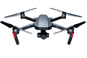 A modern quadcopter with a built-in camera, used for aerial photography and video shooting on a transparent background