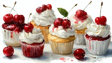 Indulgent watercolor cupcake with fluffy pink frosting, a juicy cherry, and vibrant green leaf, perfect for delightful baking or sweet treat promotions
