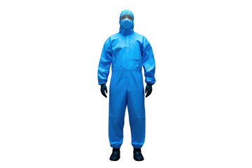 Mannequin dressed in a blue protective hazmat suit, full-body ppe, face mask, and gloves, presenting safety concepts on a transparent background