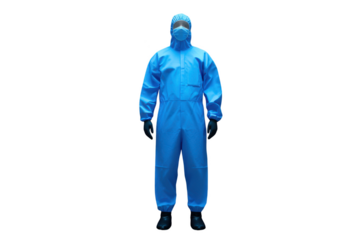 Mannequin dressed in a blue protective hazmat suit, full-body ppe, face mask, and gloves, presenting safety concepts on a transparent background