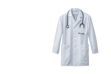 White medical lab coat with a stethoscope draped over it, representing healthcare and professionalism, on a transparent background