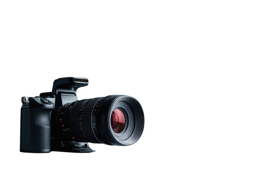 Black digital SLR camera with zoom lens on transparent background
