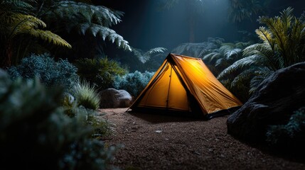 Lit tent amidst dense foliage at night outdoors