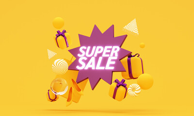 Bold super sale concept with floating gift boxes, decorative elements and glowing sale sign on yellow background, vibrant retail promotion style. 3d rendering