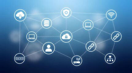 Cybersecurity Network Interface with Connected Icons in Digital Protection Ecosystem