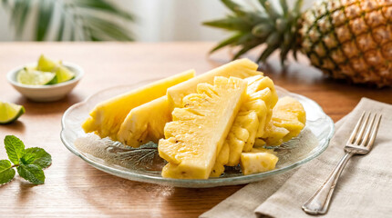 Ripe pineapple fruit pieces on transparent plate with natural lighting. High-quality stock image for grocery, nutrition, and tropical lifestyle.