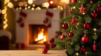 A festive decorated Christmas tree beside a rustic wooden table with a warm glowing fireplace in a cozy background