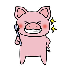 歯磨き後に綺麗になった歯を見せるぶた