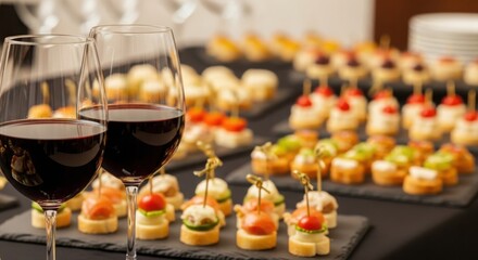 Elegant red wine served with gourmet appetizers for a sophisticated party or corporate event, perfect for celebrations and upscale dining