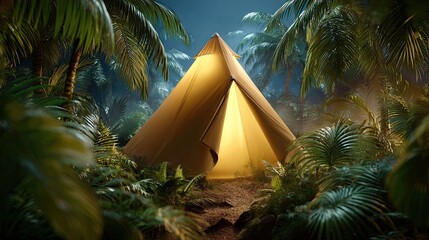 Lit tent amidst lush foliage adventure camping outdoors nature scene