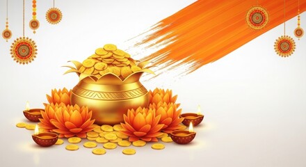Golden pot filled with coins among glowing lamps and lotus flowers celebrates prosperity and good fortune for Diwali season or wealth concepts