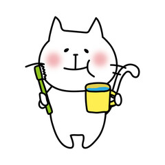 歯磨きでうがいをする白い猫