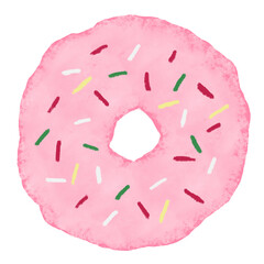 水彩手描きのおやつイラスト。カラフルなスプリンクルのデコレーション付のピンクのチョコレートドーナツ