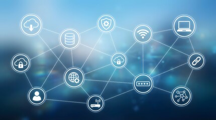 Cybersecurity Network Interface with Connected Icons in Digital Protection Ecosystem