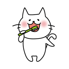 歯磨きをする白い猫
